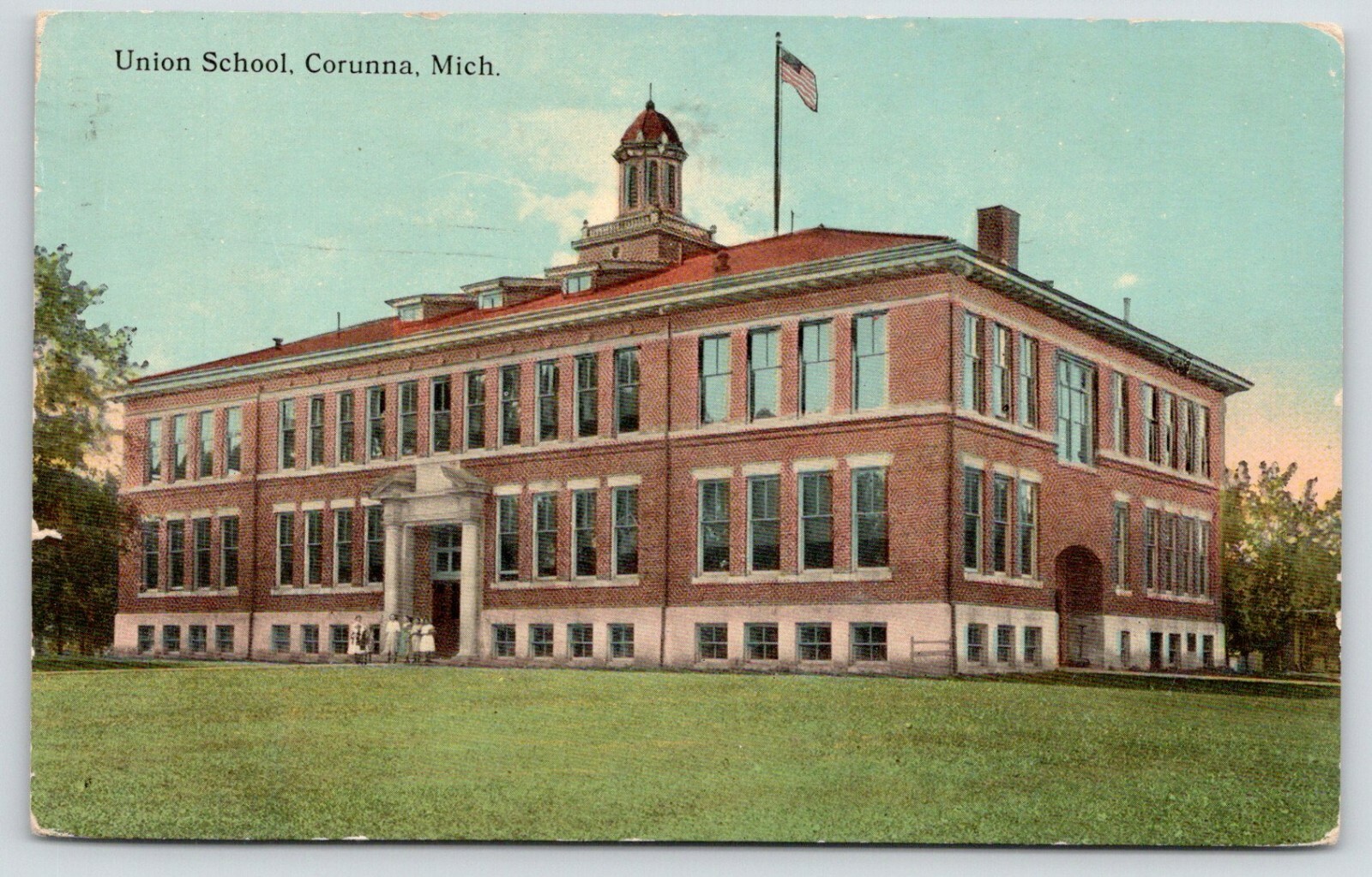 Corunna MichiganUnion SchoolCupolaStudents at Front Door1915