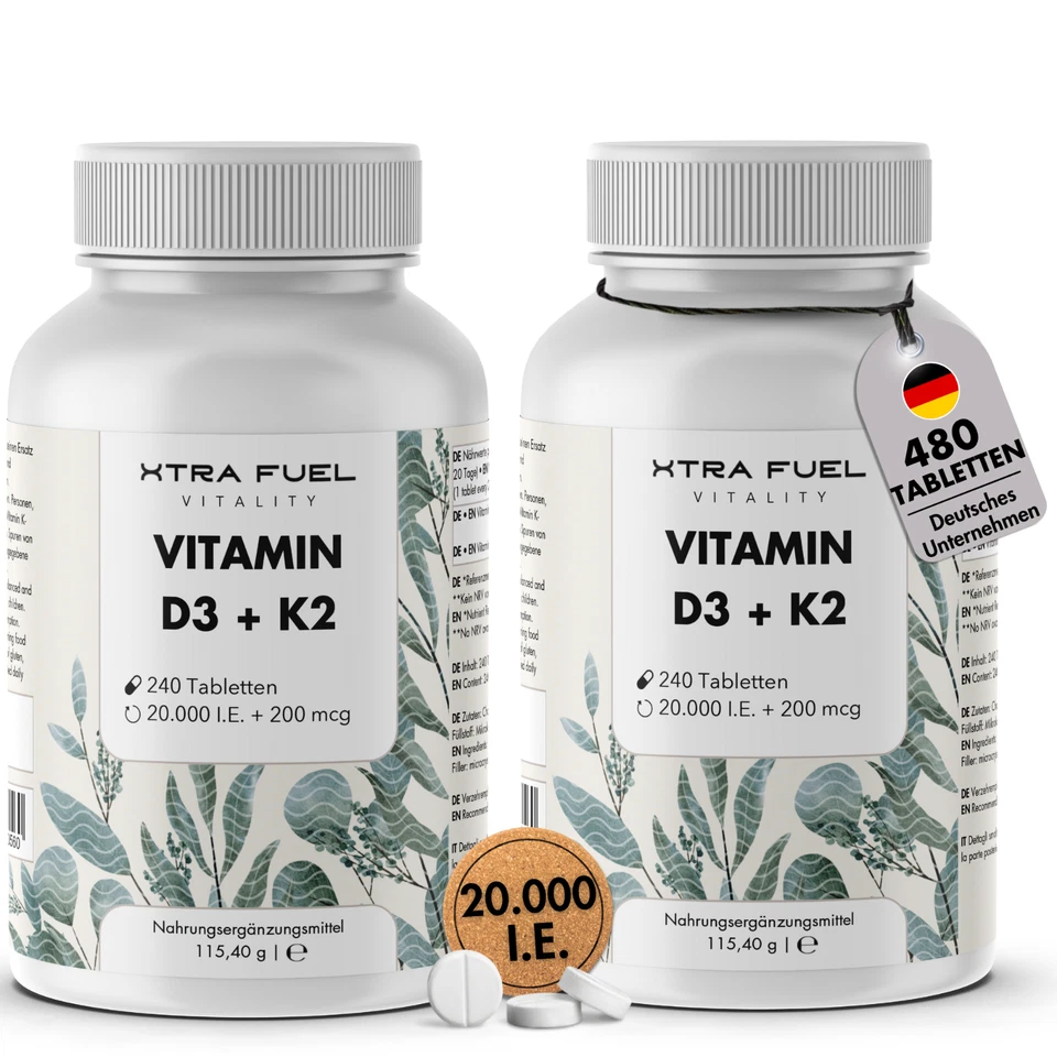 XTRA FUEL Vitamin D3 + K2 - 480 Tabletten 20.000 I.E. + 200mcg - 100% rein & hochdosiert
