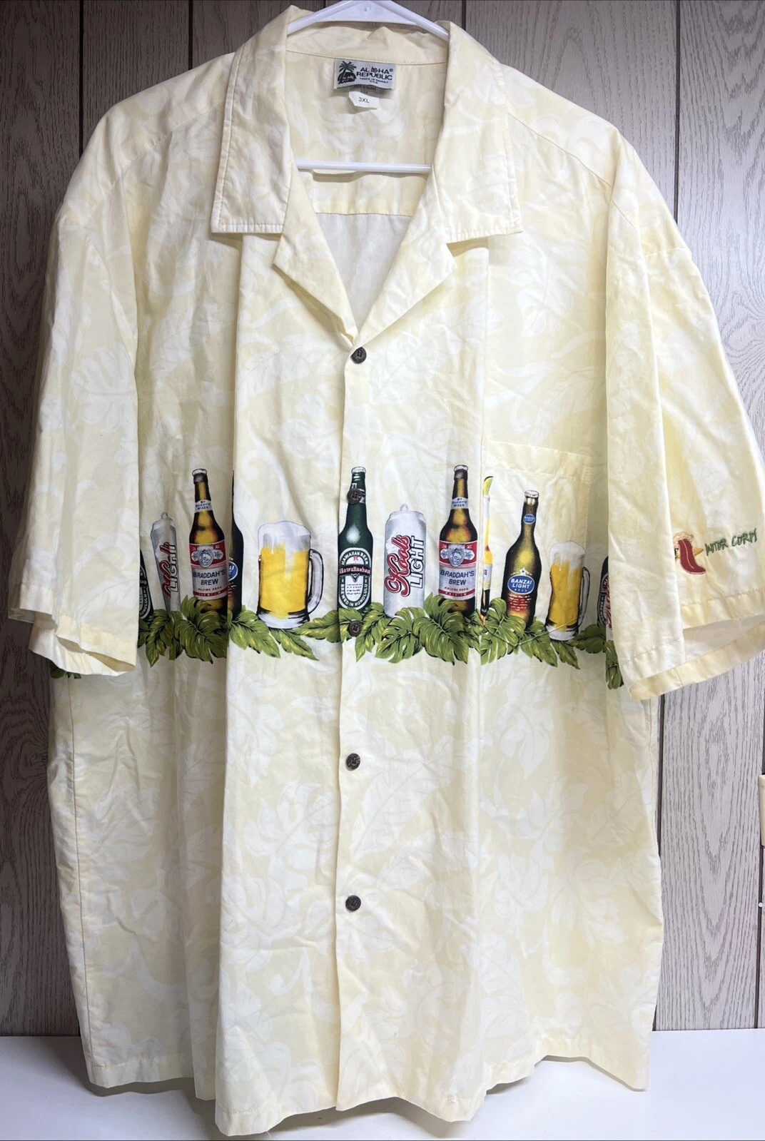 Aloha Republic Mens Size 3XL White Yellow Floral Multicolor Beer Motif Shirt USA