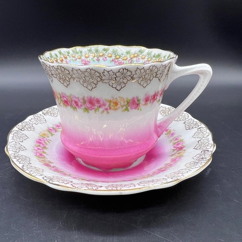 Antico set tazza da tè e piattino rosa Carl Tielschh Altwasser CT Germania - Foto 4 di 7
