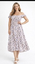 American Eagle Outfitters Floral Off Shoulder Midi Dress Pink Blue Green White S