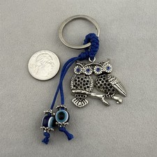Two Owls On Branch Evil Eye Bead Good Luck Charm Silver Keychain Key Ring 62717