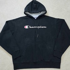 Champion Men's Black Script Logo Hoodie Sweatshirt Athletic Wear Size L Fleece
