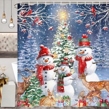 Christmas Shower Curtain, Xmas Winter Deer and Snowman Christmas Tree Waterpr...