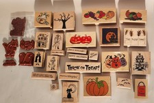 Lot of 30 Halloween and Fall Themed Rubber Stamps on Wood Blocks