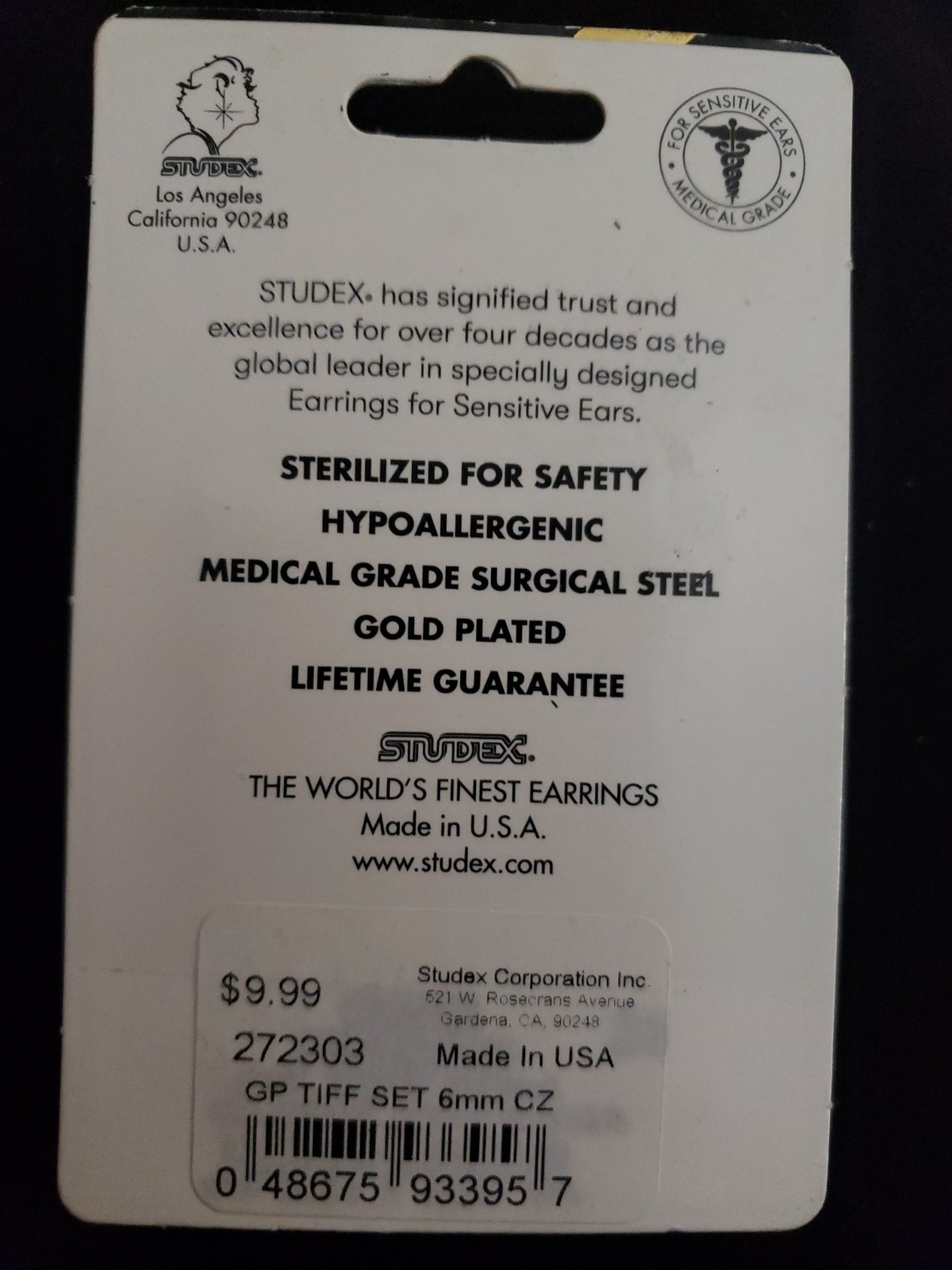 STUDEX 6mm CZ Earrings For Sensitive Ears Style "Stud" 272303