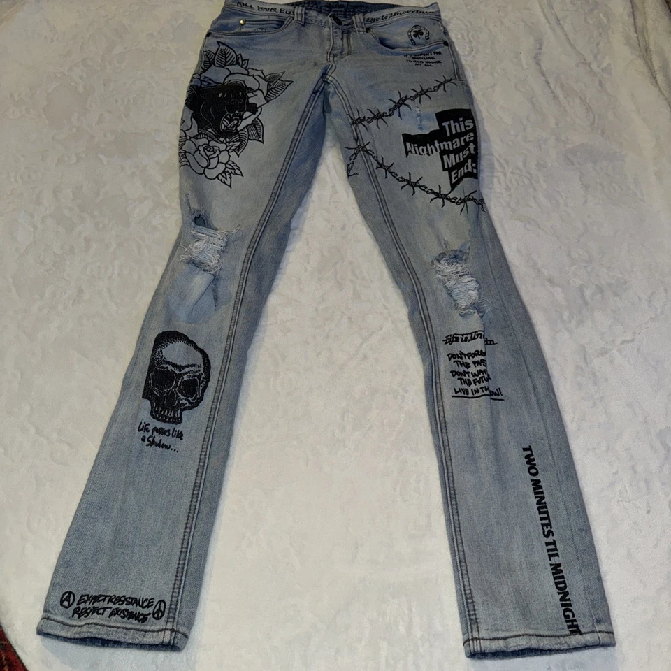 Pantalones de mezclilla ajustados para hombre Ninth Hall Rogue estampado gráfico lavado largo talla 30 W grunge gótico Foto 2 de 4