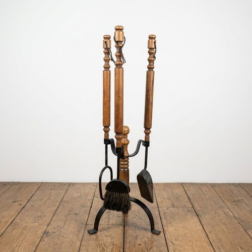 Vintage Mid Century Wood Black Iron Fireplace Tool Set Primitive 4 Pc Colonial