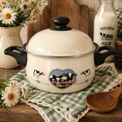 VTG RARE  Tienshan Buttercup Cow Enamelware Dutch Oven Pot w Lid St Croix Colors