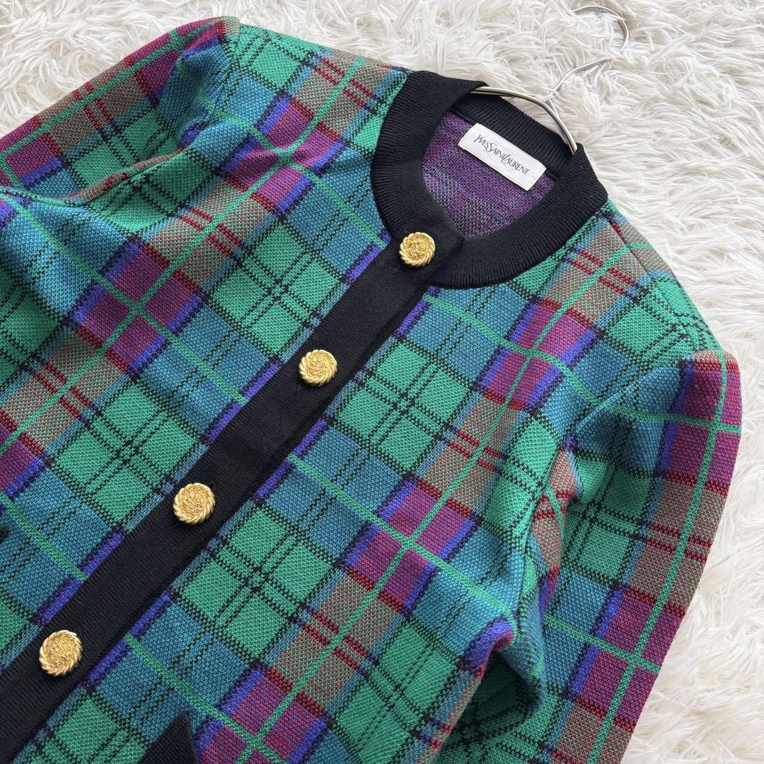 Cardigan cappotto lungo Yves Saint Laurent lana bottoni oro motivo quadri taglia M verde