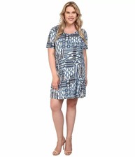 New Karen Kane Women Plus Size Blue White Patch Print T-Shirt Dress
