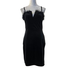Women's Black Velvet Mini V Neck Dress Faux Fur Spaghetti Strap Cocktail Party