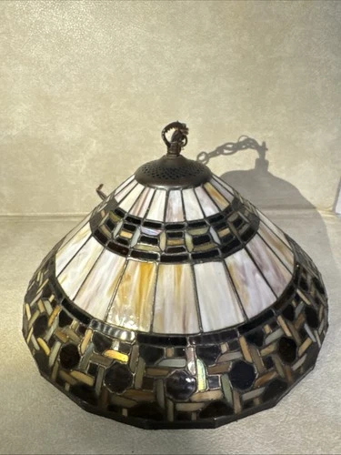 Vintage 15.5” Tiffany Style Stained Glass Hanging Pendant Lamp w/ Chain & Canopy