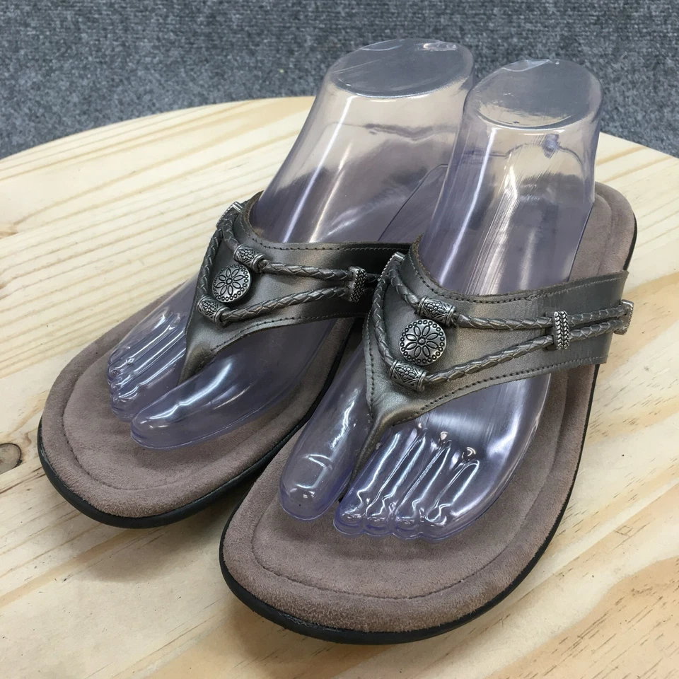 Sandalias Minnetonka Mujer 11 M Chanclas Tanga Gris Cuero Puntera Informal Foto 3 de 4