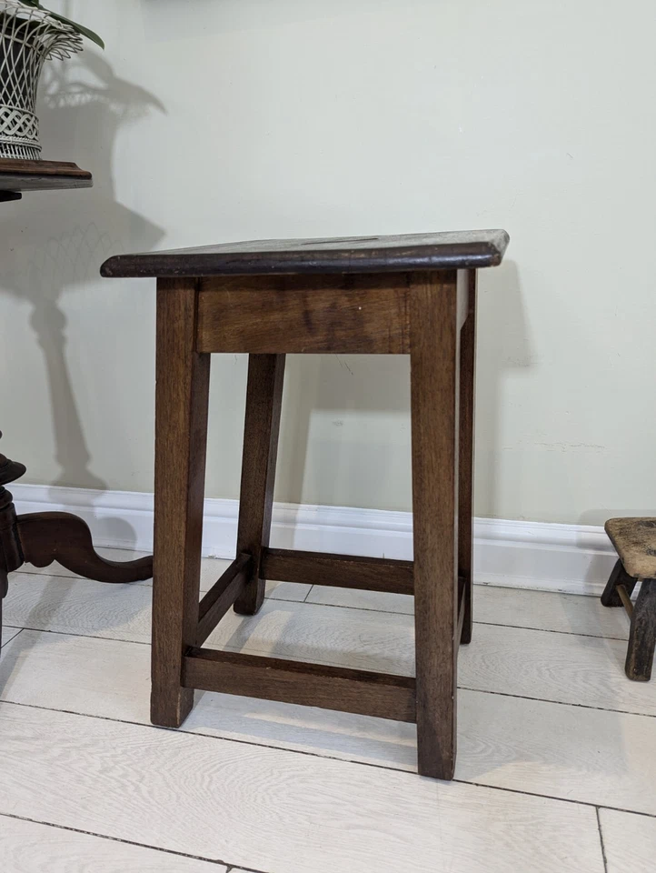Antique Oak Laboratory Artists Stool Kitchen Solid Angular Hard Wood Design Post - Image 4 of 4