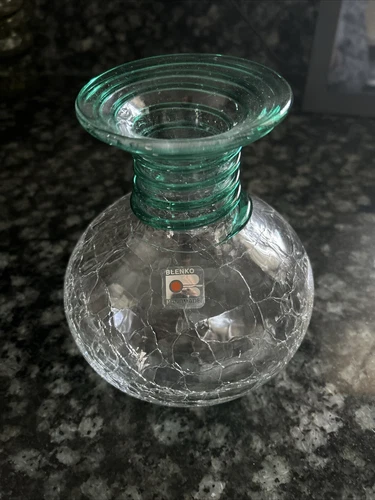 Blenko Handmade Crackle Glass Vase Crystal Teal Applied Swirl 7” Tall