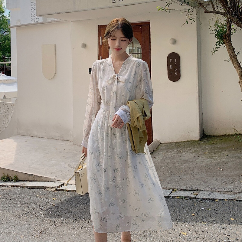 Women Chiffon Dress Midi Floral Bow Tie Long Sleeve Fairy Summer 