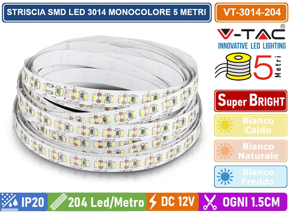 V-TAC VT-3014 STRISCIA LED 3014 MONOCOLORE 204 LED/METRO BOBINA DA 5 METRI-IP20 - Immagine 2 di 4