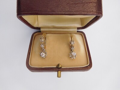 French Art Nouveau Circa 1900 18K Gold Platinum Trinity Diamonds Earrings  ️ 