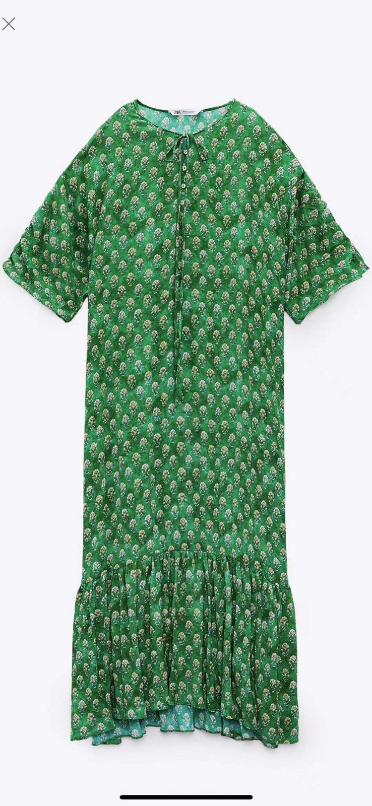 100percent Authentic ZARA Jade Green Floral Print Long Ruffle Dress Size: XS image 4