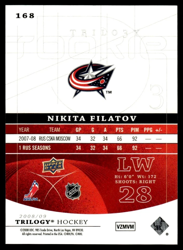 2008-09 Upper Deck Trilogy Nikita Filatov Rookie /499 Columbus Blue Jackets #168 - Image 2 of 2