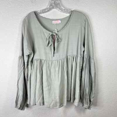 NWT C+D+M Womens Peasant Blouse Long Sleeve Tie Neck Flowy Top Medium