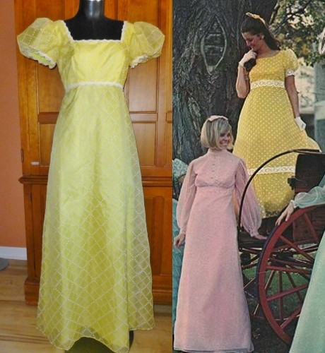Vtg 70s Organza Chiffon Yellow Polka Dot Empire Prairie Wedding Maxi DRESS  GOWN