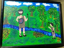 Joy C Rose 1991 Outsider Art "David And Goliath" Acrylic Painting -Signed/Framed