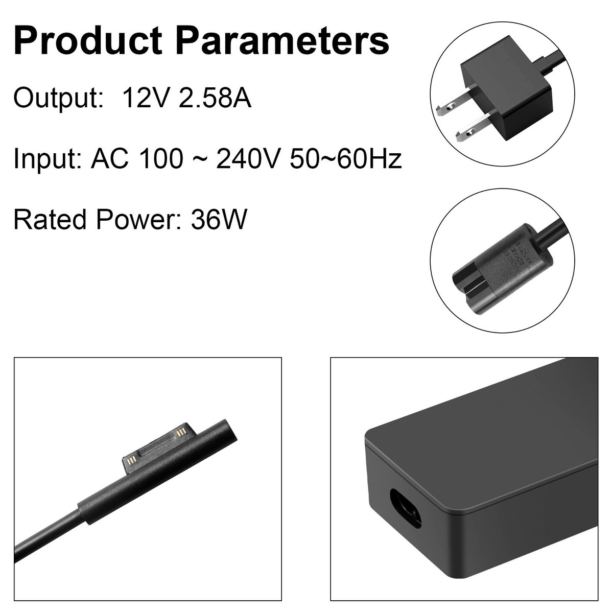 AC Adapter Charger For Microsoft Surface Pro 3, 4, 5, 6, Book, Go – 12V 30W With Power Cable