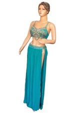 Teal Belly Dance Costume Set Sequin Beaded Bra Flowing Skirt Gold Embellis