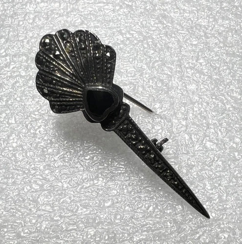 VTG Sterling Marcasite Black Onyx fan/dagger brooch Art Deco jewelry 925 estate