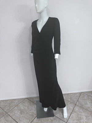Giorgio Armani Black Label Black Faux Wrap Crepe Long Maxi Dress V Neck IT42