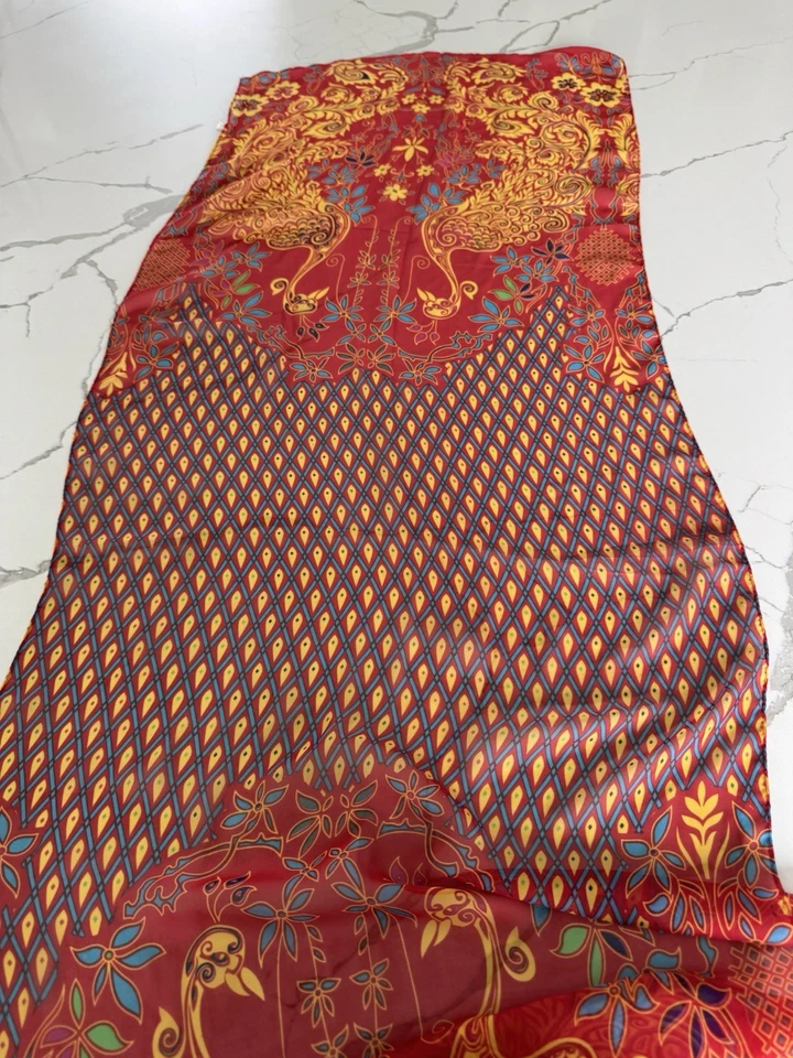 Bufanda de pavo real vintage mezcla de seda mantón envolvente de pavo real rojo 60" x 19" Eliana Dian EF Foto 3 de 4