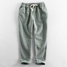 New Spring Chinese Style Men's Casual Linen Solid Color Pants Loose Cropped Pant