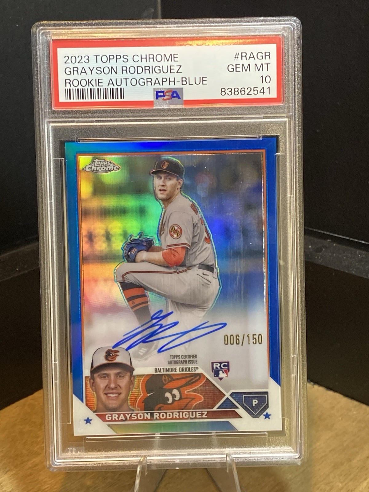 Grayson Rodriguez 2023 Topps Chrome Rookie Blue Refractor Auto /150 (RC) PSA 10