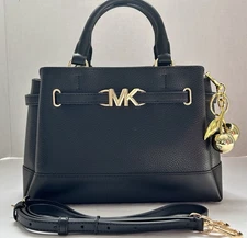 Michael Kors Reed Small Black Leather Center Zip Belted Satchel Crossbody Bag