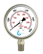 2" Pressure Gauge, Stainless Steel Case, Liquid Filled, Lower Mnt, 5000 PSI