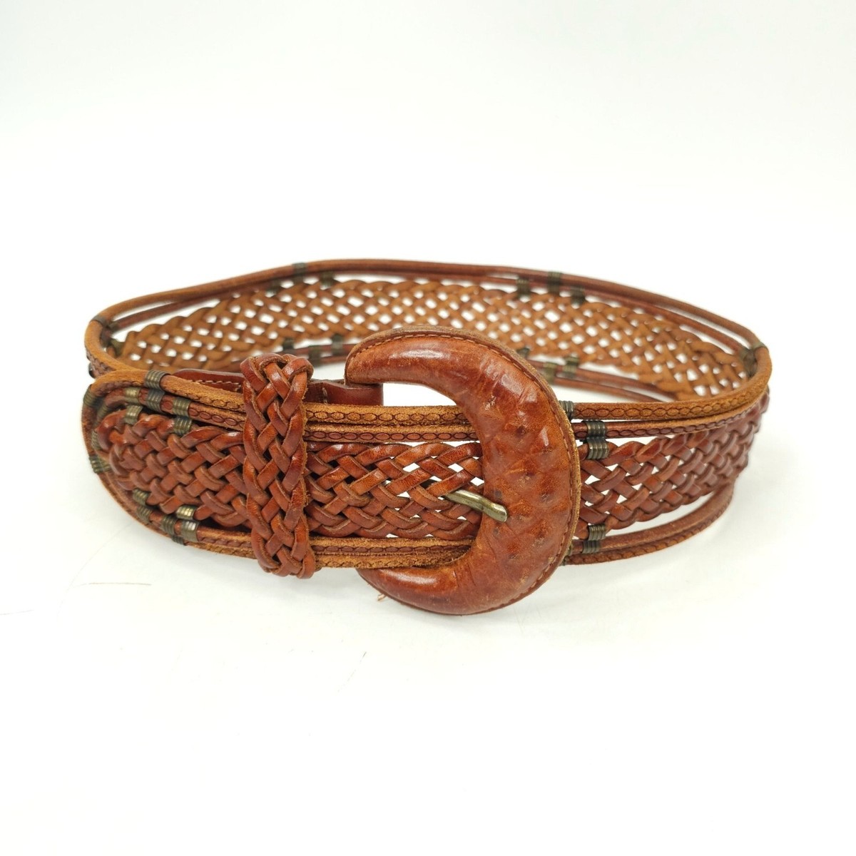 Wide Brown Leather Belt Woven Womens Size S Boho Gypsy  display picture 1