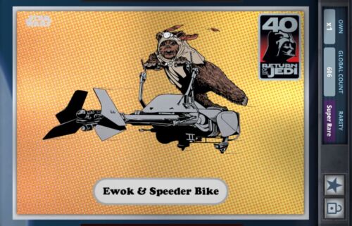 Topps Star Wars Card Trader Super rzadka chromowana klasyczna sztuka - rower Ewok & Speeder - Zdjęcie 1 z 1