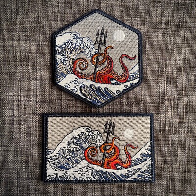THE KRAKEN vs THE GREAT WAVE Poseidon Trident 100% Embroidered Patch Hook & Loop