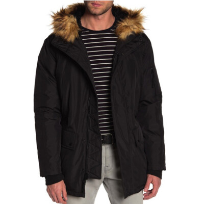 Men's Large Down Filled S13 Alpine Faux Fur Trim Hood Jacket Black