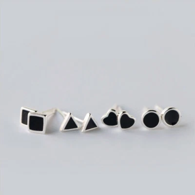 Kleine Ohrstecker Schwarz Geometrisch Herz Sterling Silber 925 Damen Herren - Bild 1 von 4