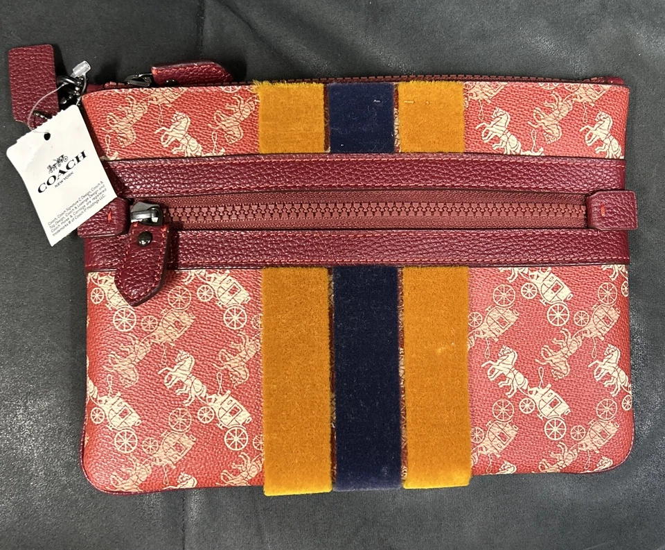 Новый тренер мешок спереди молнии кошелек с ремешком лошадь и коляска печати Varsity полоски ручная сумка