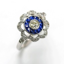 1/2Cct White Round  Blue Sapphire Art Deco Style Engagement Ring In 925 Silver