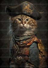 Victorian pirate cat print, whimsical feline portrait art, nautical fantasy  A43