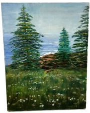 Mid Century Landscape Painting - Forest Landscape and scenic Beach 14" X 18"
