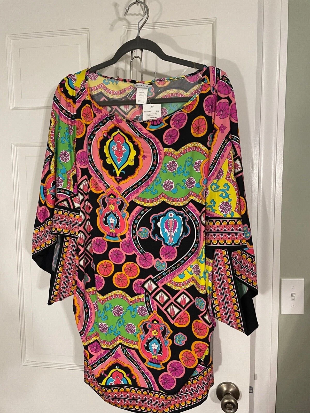 Abito Trina Turk luminoso multicolore nuovo con etichette $144 L Plus Coach borsa a mano in pelle nera