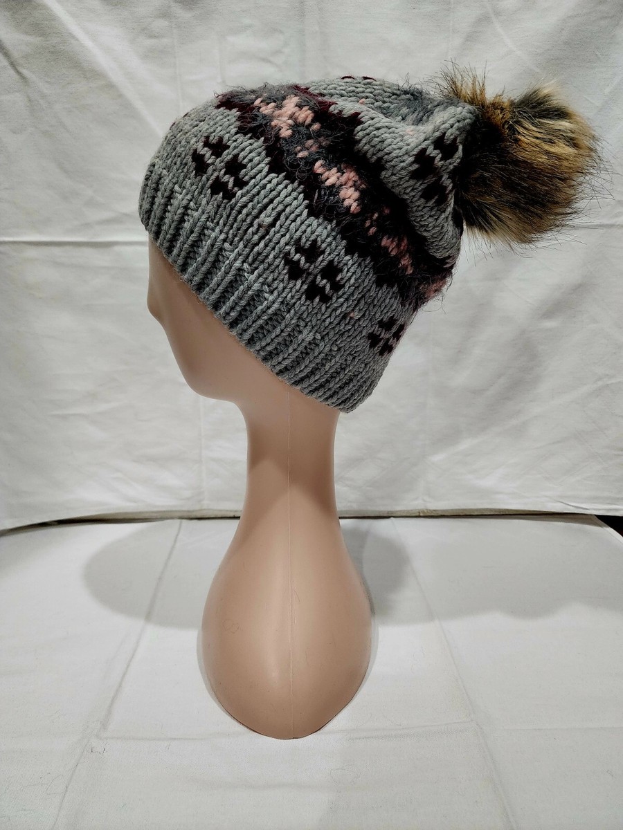 pom様 stitch estro crochet beanie hat with faux Multi Grey with Burgundy