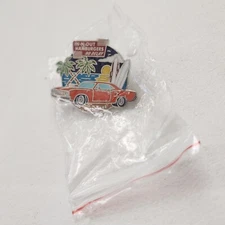 In N Out Burger NO DELAY ORANGE MUSCLE CAR SURFBOARDS SUNSET LAPEL PIN OOP *