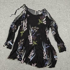 Free People Dress Womens Medium Black Floral Cold Shoulder Trapeze Mini Boho